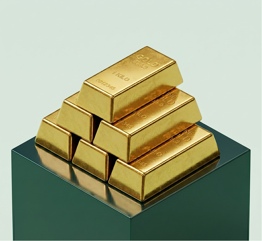 A stack of golden bars resting on a solid dark teal block pedestal